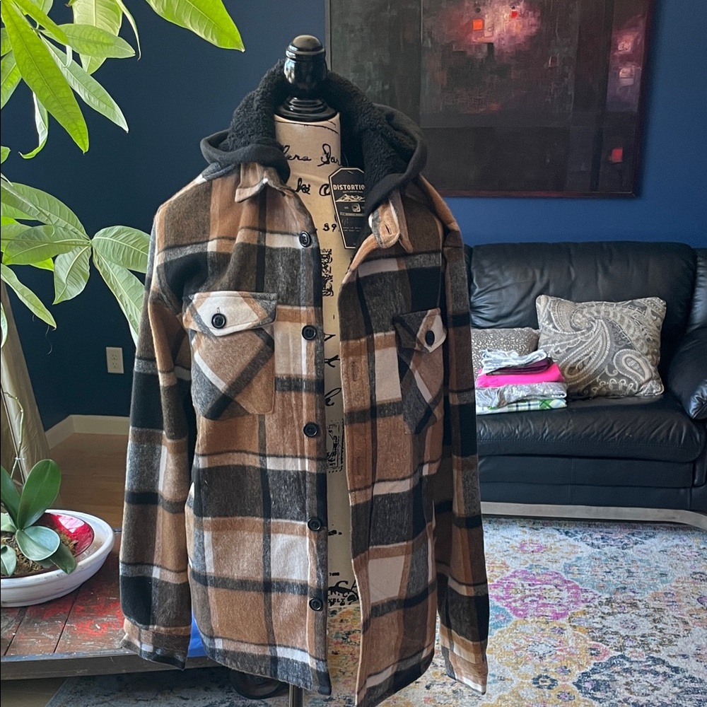 Men's Brown Plaid Hooded Shirt Jacket